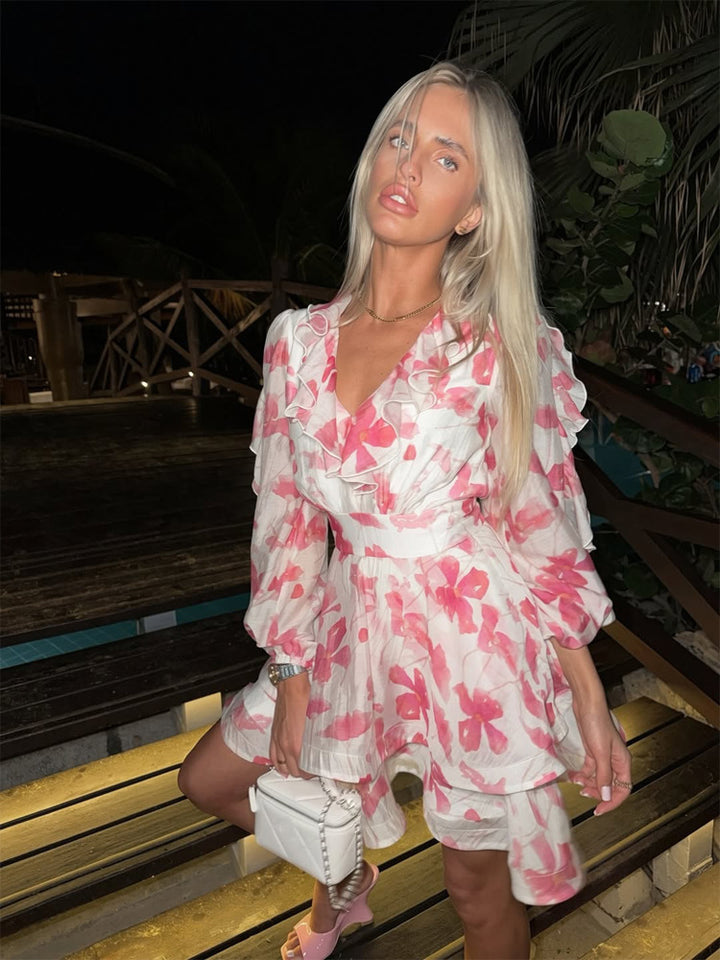 Women's Romantic Ruffle Mini Dress with Floral Chiffon Look and Fitted Silhouette Amarae
