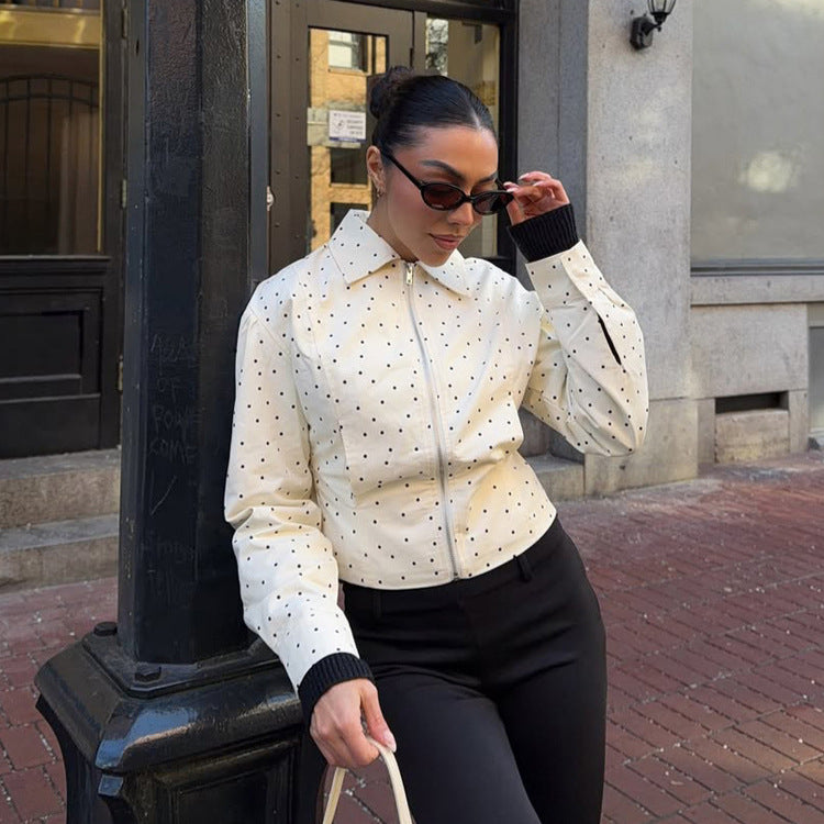 Women's tailored short jacket with polka-dot perforation, shirt collar, and concealed zipper Amarae
