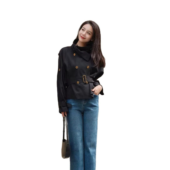 Women's short trench coat with fitted tie belt and balloon sleeves, golden decorative buttons Amarae