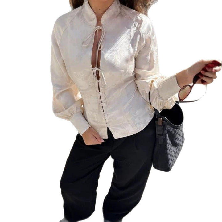Women Jacquard Satin Blouse with Stand-up Collar, Ties and Fitted Peplum Amarae
