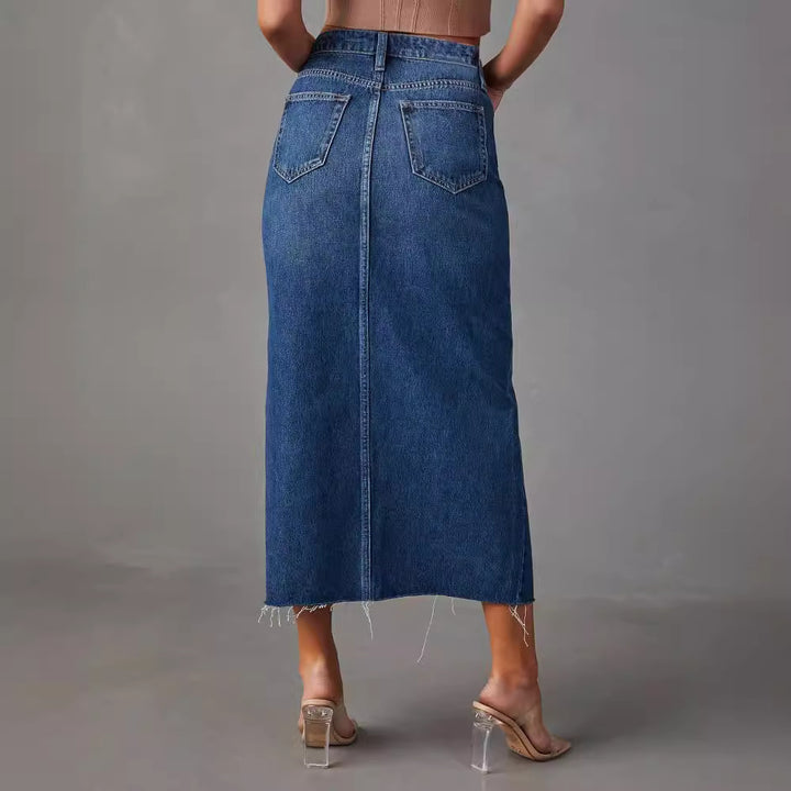 Chic & Stil High-Waisted Denim Pencil Dress with Side Slit