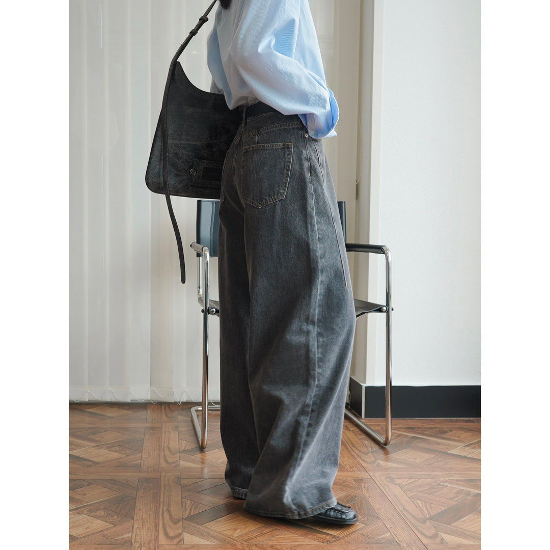 Women Extra Wide High-Waist Denim Baggy Culotte with Deep Crotch and Light Vintage Wash Amarae
