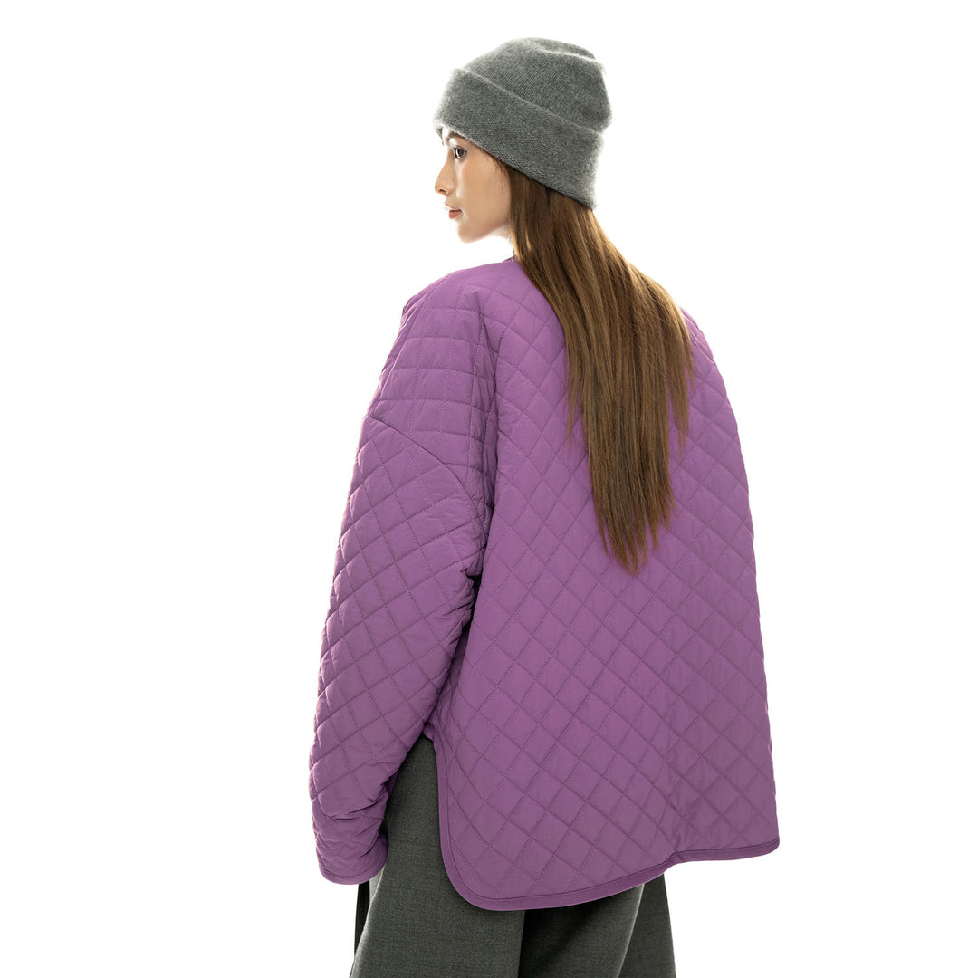 Women’s light padded oversized quilted jacket with round neckline and patch pockets Amarae