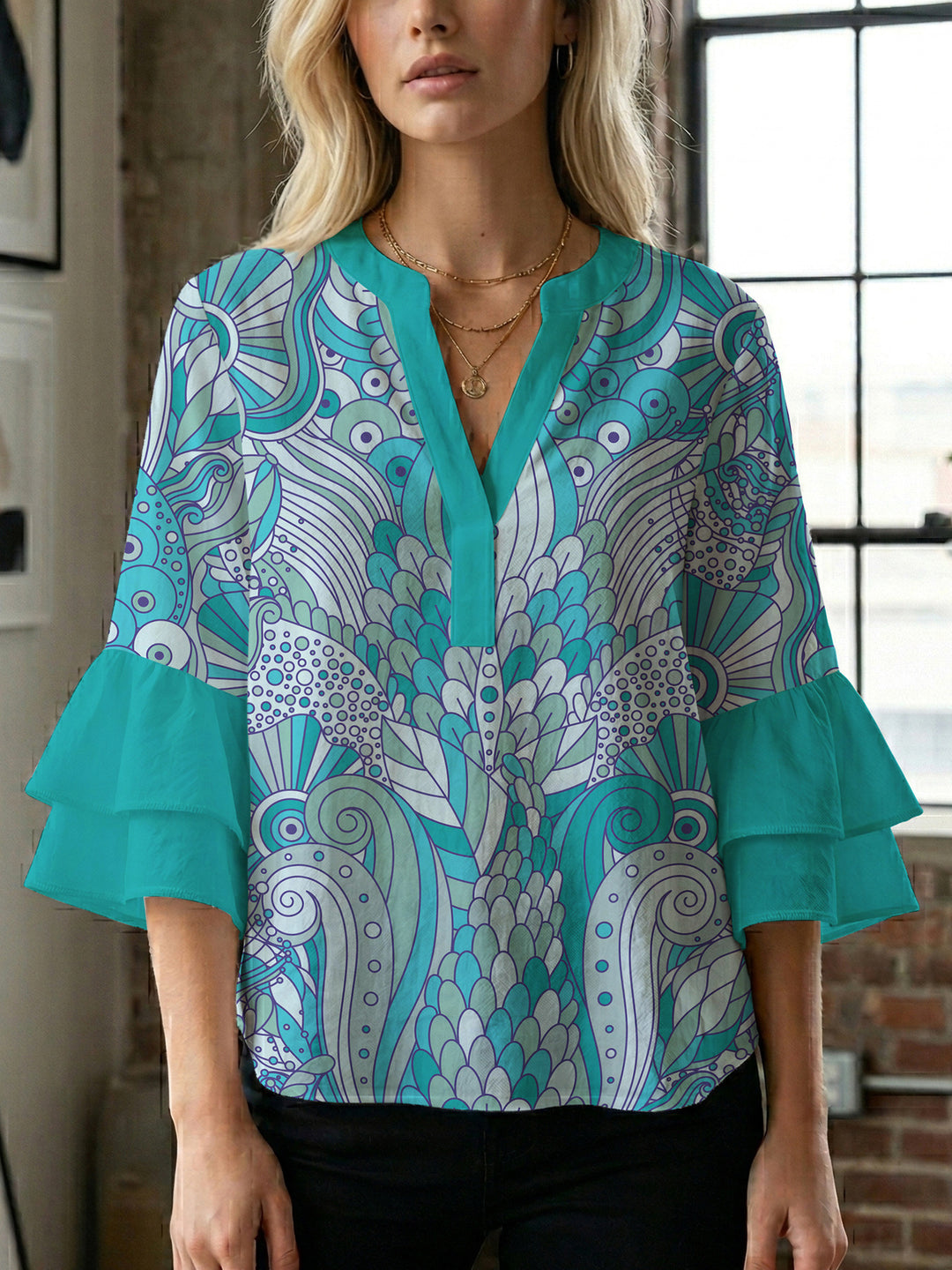 Women's blouse with voluminous ruffle sleeves and creative floral design Lune London