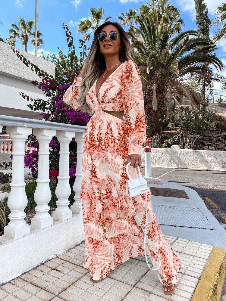 Maxi dress for women with floral cut and pretty ruffle details Lune London