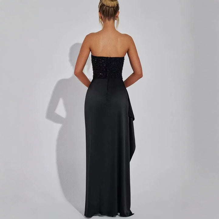 Ladies' wedding cocktail dress with shimmering top and high slit