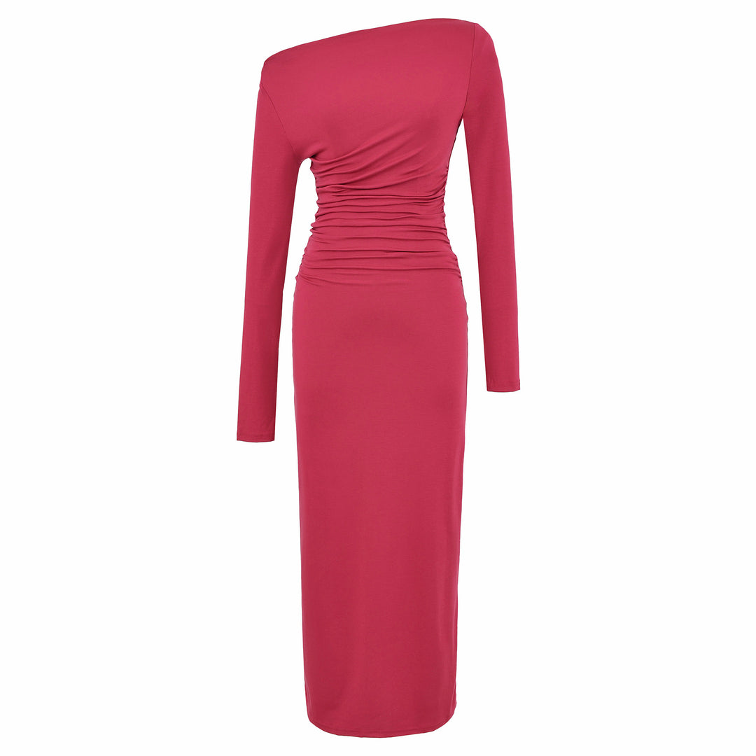 Women One-Shoulder Midi Dress with Long Sleeve and Side Gathering Amarae