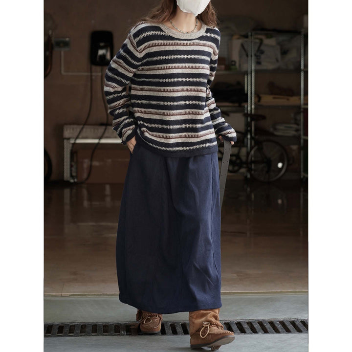 Women's Striped Chunky Knit Sweater with Mohair Look and Boxy Cut Amarae