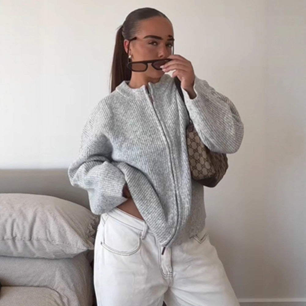Women's Chunky Knit Zipper Cardigan with Oversized Cut Amarae
