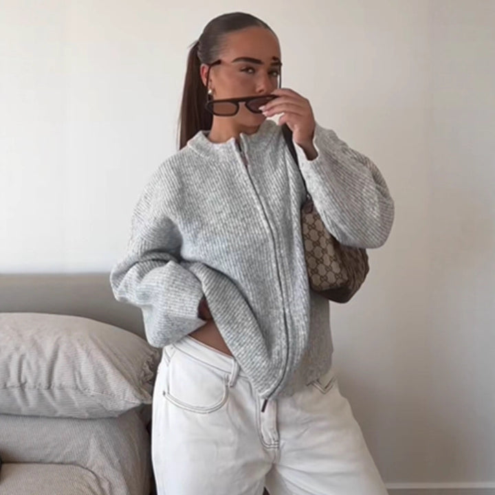 Women's Chunky Knit Zipper Cardigan with Oversized Cut Amarae