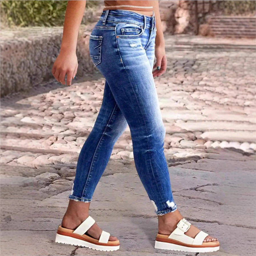 Women's high-waisted Slim-Cropped Jeans with raw hem, Used-Wash and elastic comfort waistband Amarae