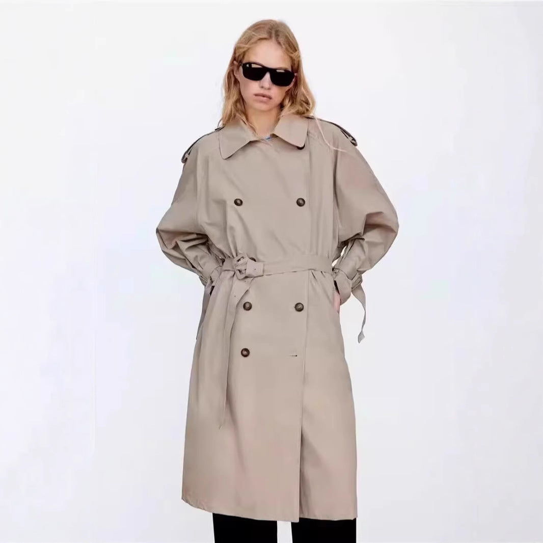 Ladies Double-Breasted Trench Coat with Waist Belt, Oversized Cut and Shoulder Straps Amarae