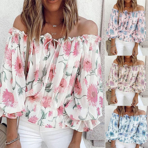 Romantic blouse for women with floral pattern and ruffled sleeves Amarae