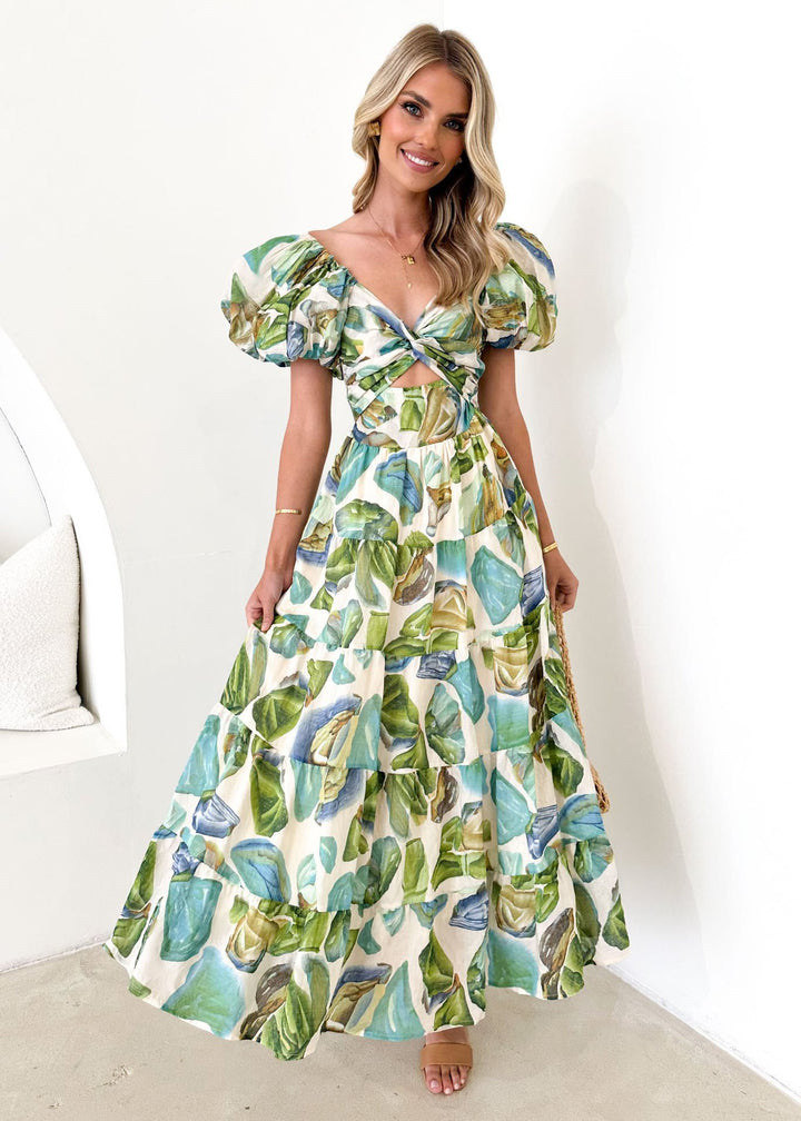 Maxi dress for women with voluminous balloon sleeves and chic floral print