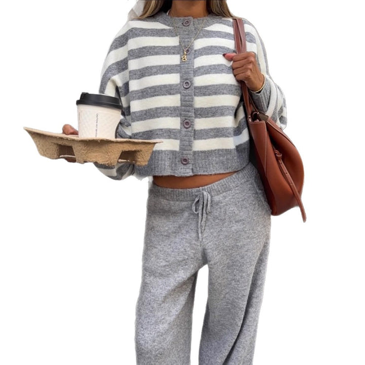 Ladies cropped knit set with striped button jacket, balloon sleeves, and high-waist jogger Amarae