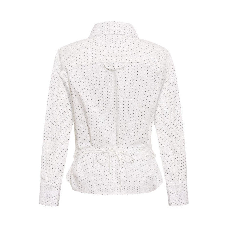 Women's Fitted Long Sleeve Blouse Shirt with Polka Dot Pattern and Shaped Darts