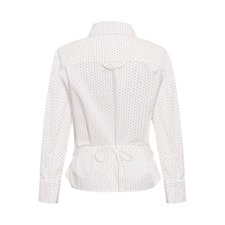 Women's Fitted Long Sleeve Blouse Shirt with Polka Dot Pattern and Shaped Darts