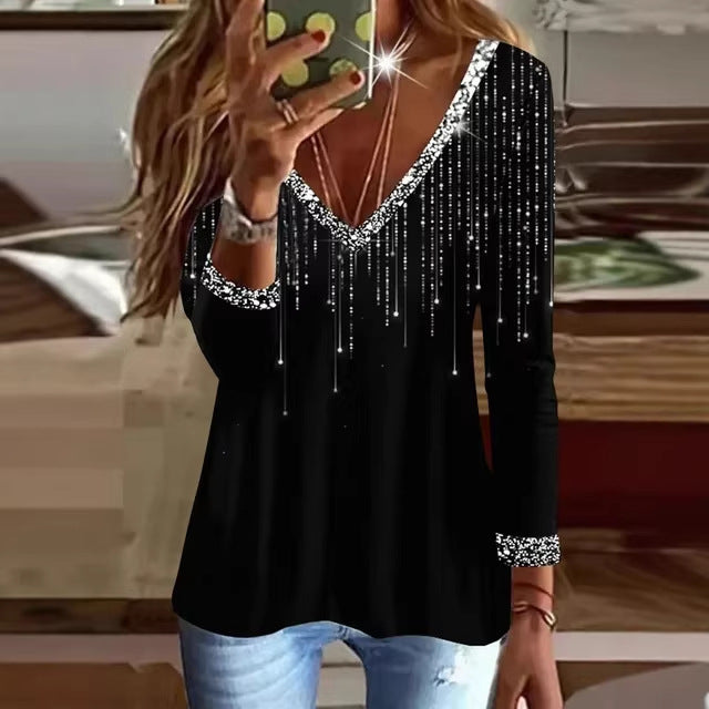 Blouse à paillettes pour femmes avec décolleté en V et accents brillants et manches longues Chic & Stil
