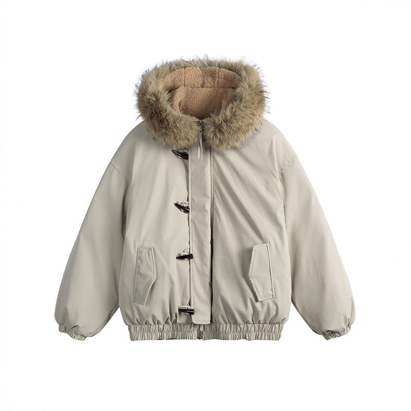 Unisex Padded Hooded Jacket in Boxy Cut with Teddy Lining, Faux Fur Collar and Toggle Closures Amarae
