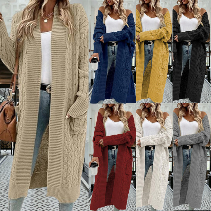 Knitted coat for women with elegant braided design and practical pockets Lune London