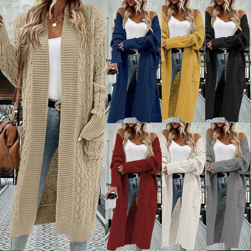 Knitted coat for women with elegant braided design and practical pockets Amarae