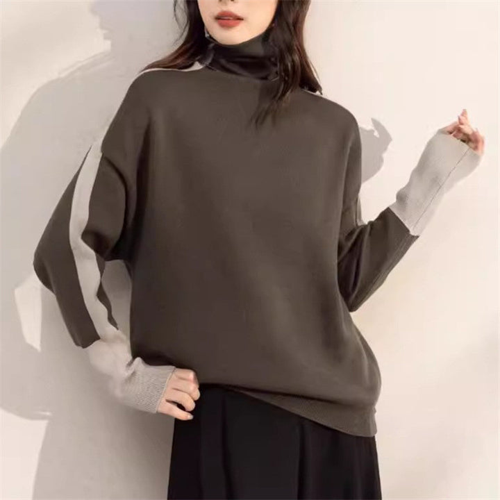 Femme Pull Col Roulé Décontracté avec Manches Contrastées Chic & Stil