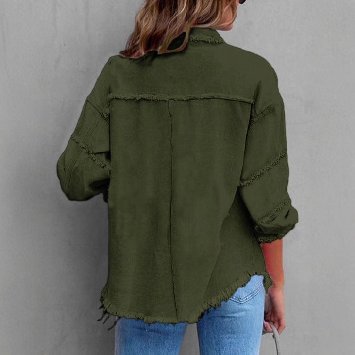 Women Casual Oversized Denim Shirt Jacket with Raw Hem and Patch Pockets Amarae