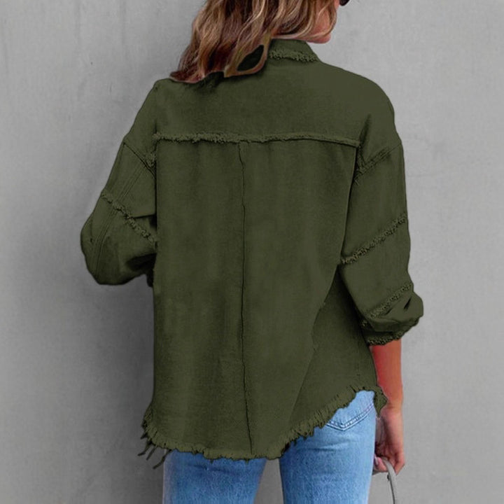 Women Casual Oversized Denim Shirt Jacket with Raw Hem and Patch Pockets Amarae