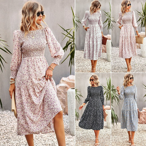 Women Floral Midi Dress with Gathered Waist and Long Sleeves Amarae