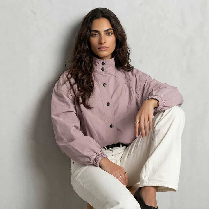 Ladies Short Boxy Bomber Jacket with Stand Collar and Snap Button Closure Amarae