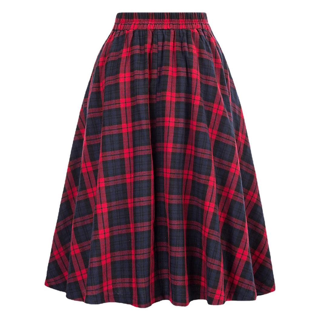 Women A-line Checkered Midi Skirt with Elastic Waistband Amarae