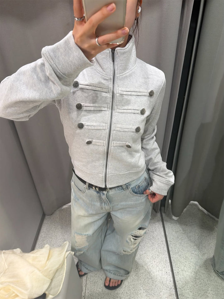 Women Short-Cut Sweat Jacket in Military Look with Stand-Up Collar Amarae