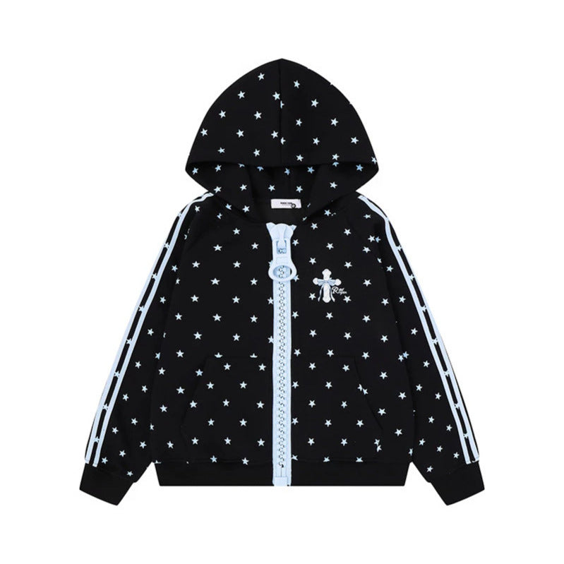 Women's hoodie sweatshirt with star all-over print, wide contrast zipper and side stripes Amarae