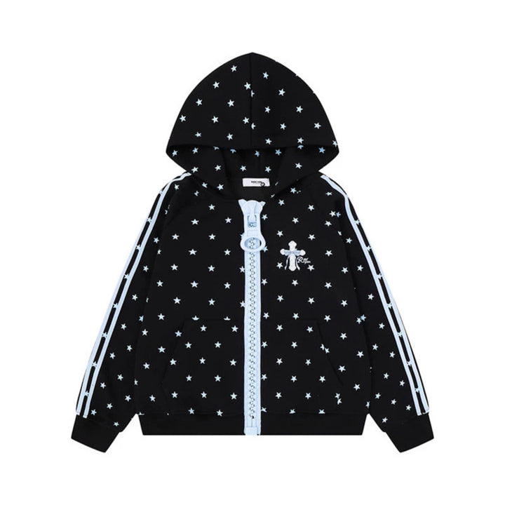 Women's hoodie sweatshirt with star all-over print, wide contrast zipper and side stripes Amarae