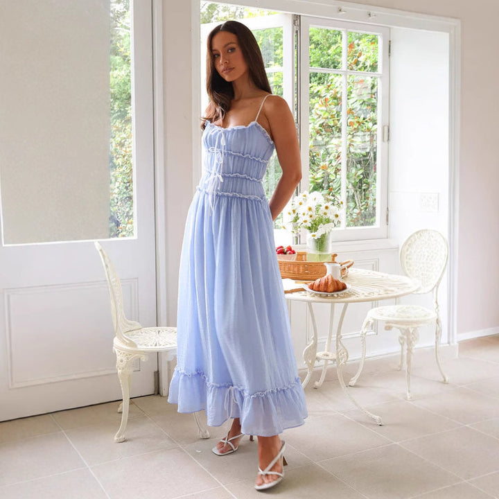 Ladies' maxi dress with ruffle details and adjustable straps Lune London