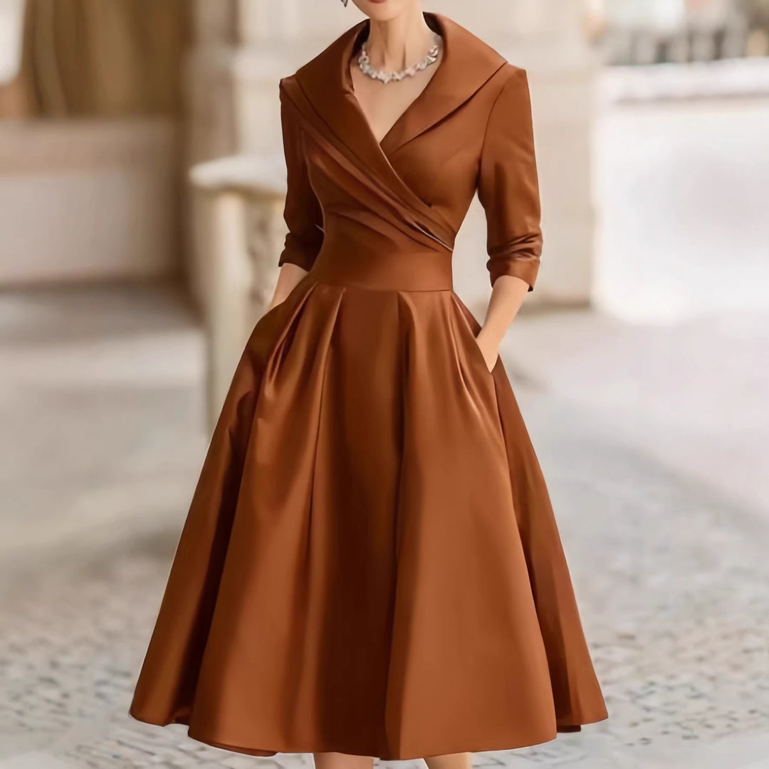 Women's Elegant Satin Midi Dress with Wrap Top, Mid-Length Sleeves and Side Pockets Amarae