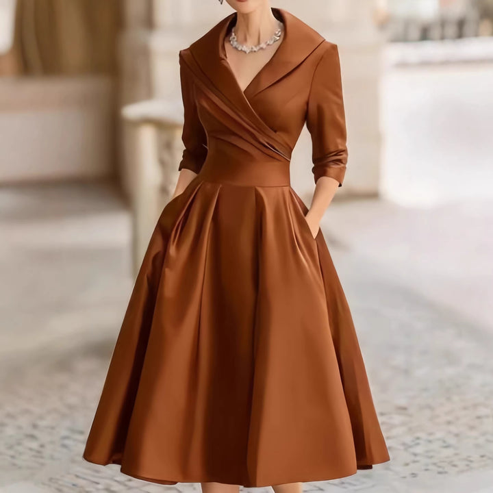 Women's Elegant Satin Midi Dress with Wrap Top, Mid-Length Sleeves and Side Pockets Amarae