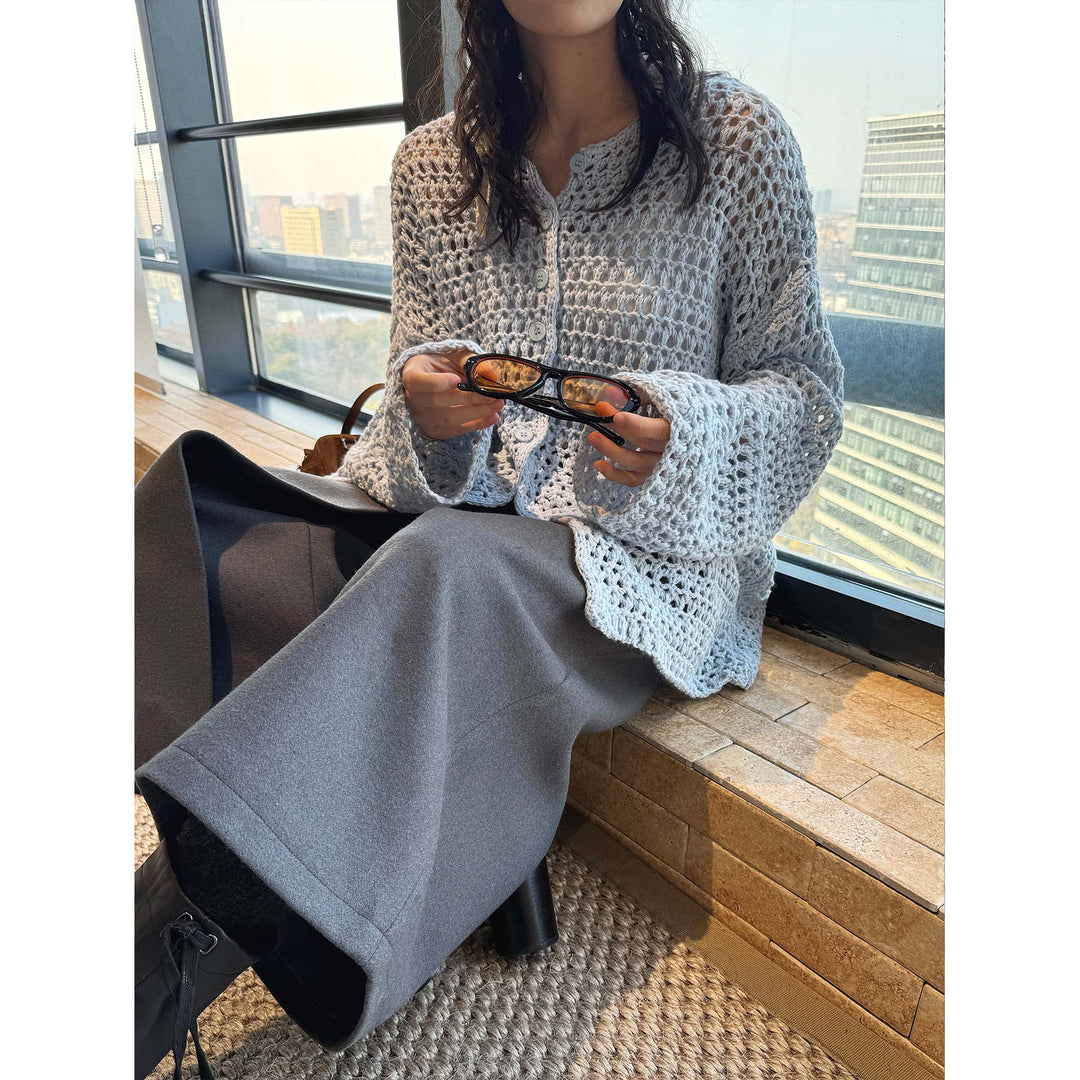 Women Crocheted Open Long Cardigan made of Cotton Blend with Hole Pattern and Button Placket Amarae