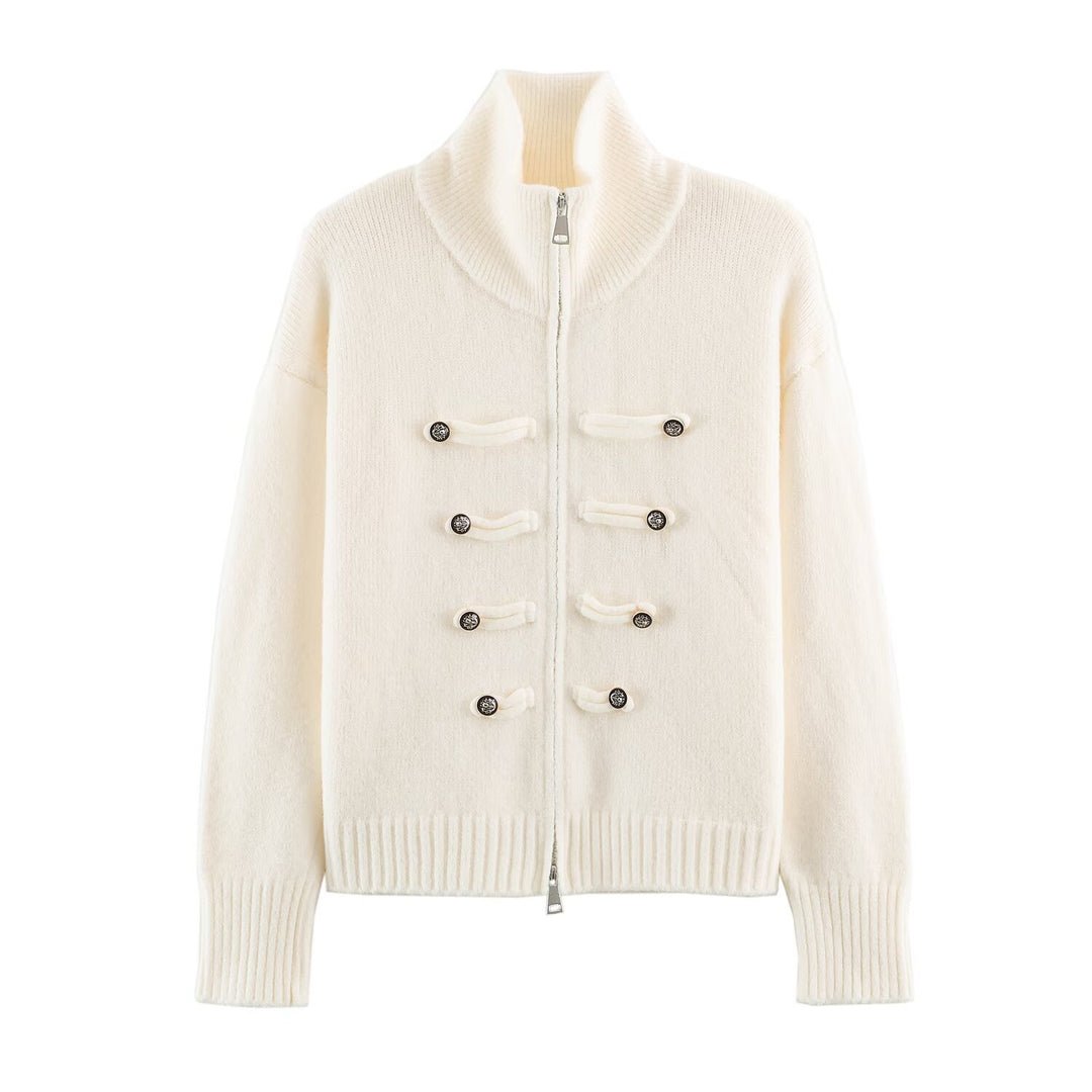 Women's cardigan with zipper, high stand-up collar, and decorative button plackets Amarae