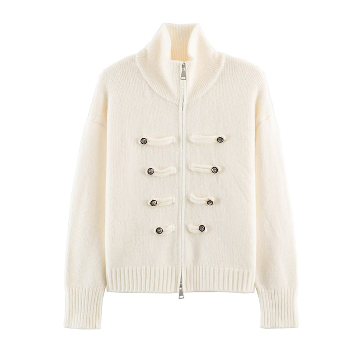 Women's cardigan with zipper, high stand-up collar, and decorative button plackets Amarae