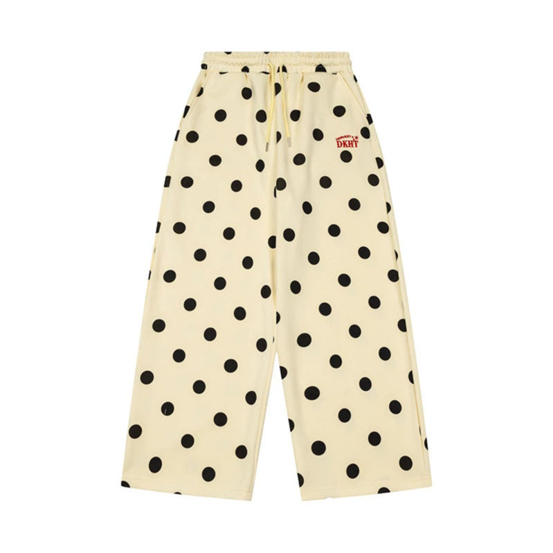 Women's Wide Culotte Sweatpants with Elastic Comfort Waistband and Polka Dot Print