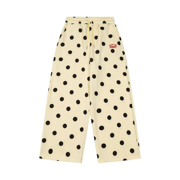 Women's Wide Culotte Sweatpants with Elastic Comfort Waistband and Polka Dot Print