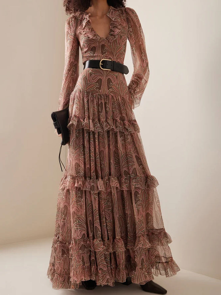 Maxi dress for women with ruffled fabric and elegant V-neck Lune London
