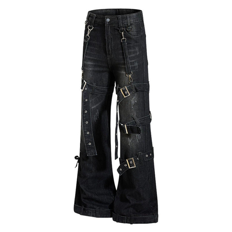 Women's Bondage-Flared-Jeans with decorative buckles, straps and used look Amarae