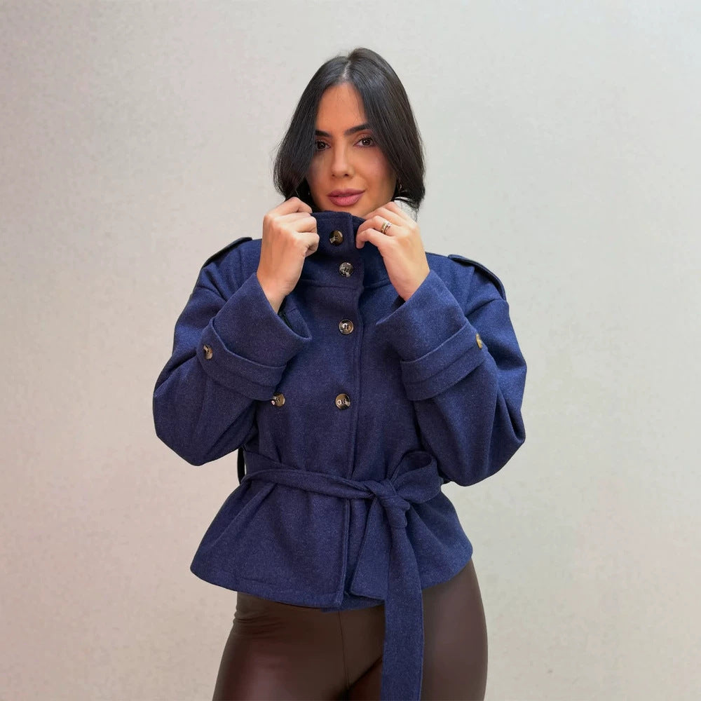 Women Short Double-Breasted Coat with Stand Collar and Tied Belt Amarae