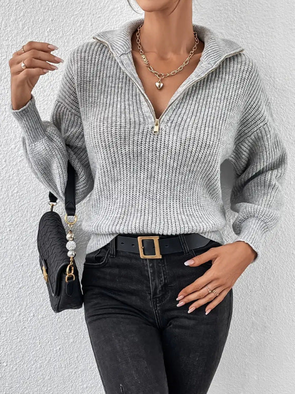 Women's Fashionable Sweater with High Collar and Zipper Lune London