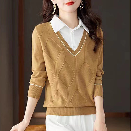 Women's knit sweater with V-neck and textured diamond pattern Amarae