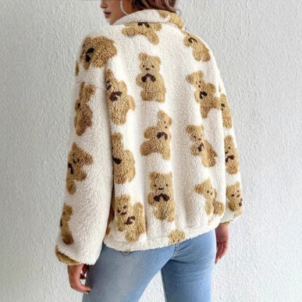 Women's cozy fleece jacket with bear pattern and full zip Lune London