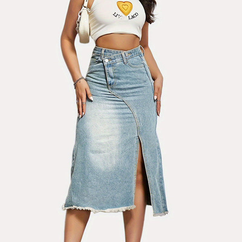 Chic & Stil Long Denim Skirt for Women with Asymmetrical Slit and Frayed Hem