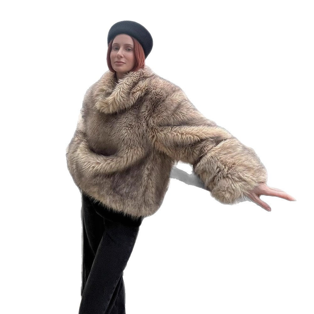 Women's Short Cut Faux-Fur Boxy Coat with Hood and Zip Amarae